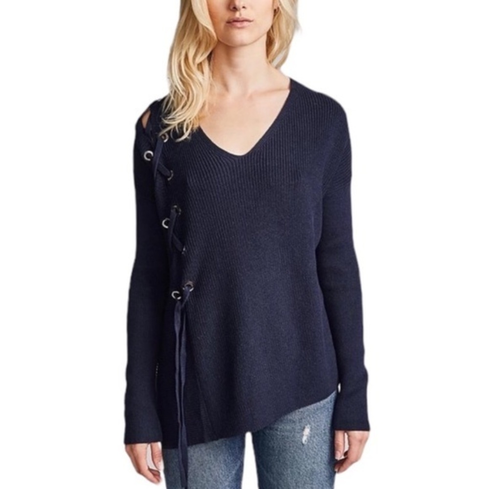 White & Warren Asymmetrical Lace Up Sweater Navy Sz M